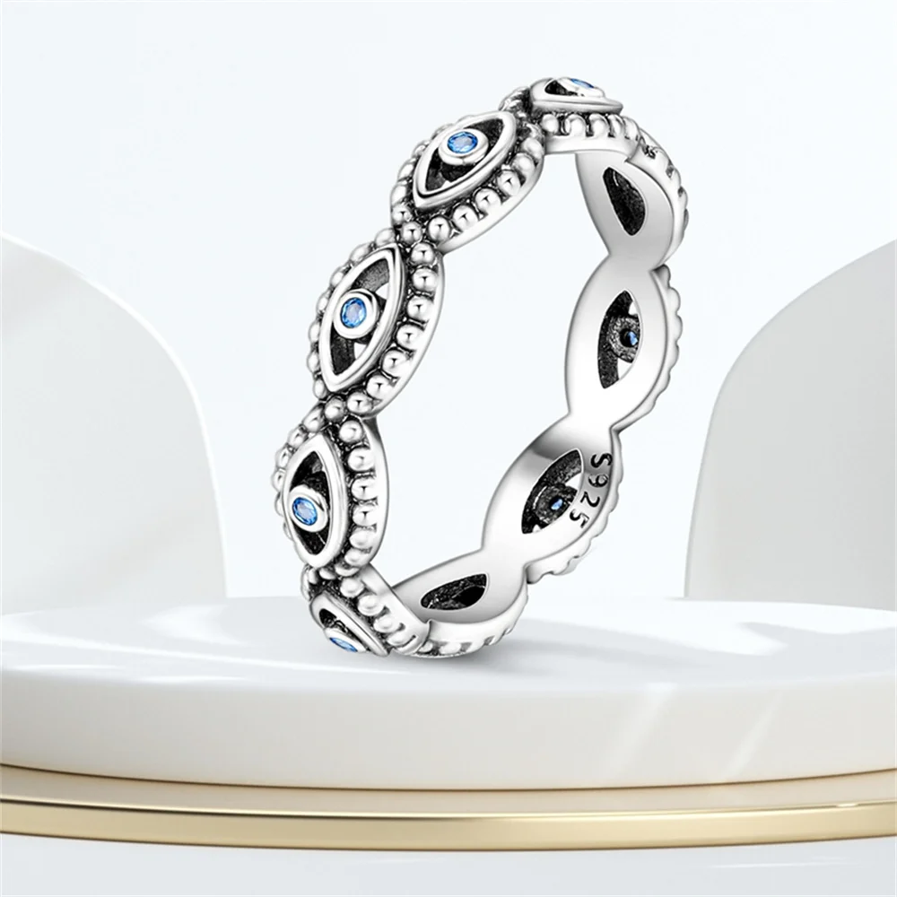 Women's 925 Sterling Silver Blue Evil Eye Stackable Ring