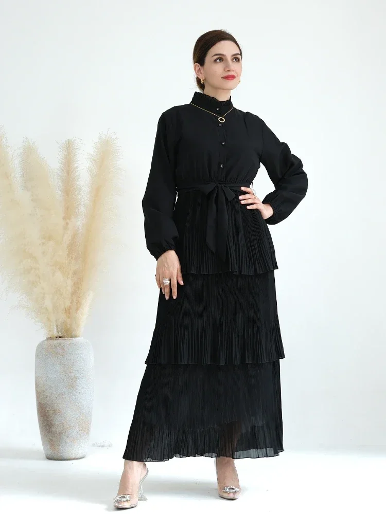 Eid Muslim 3 Layers Cake Dress Women Pleated Abaya Turtleneck Jalabiya Lace-up Morocco Party Dresses Kaftan Vestidos Long Robe