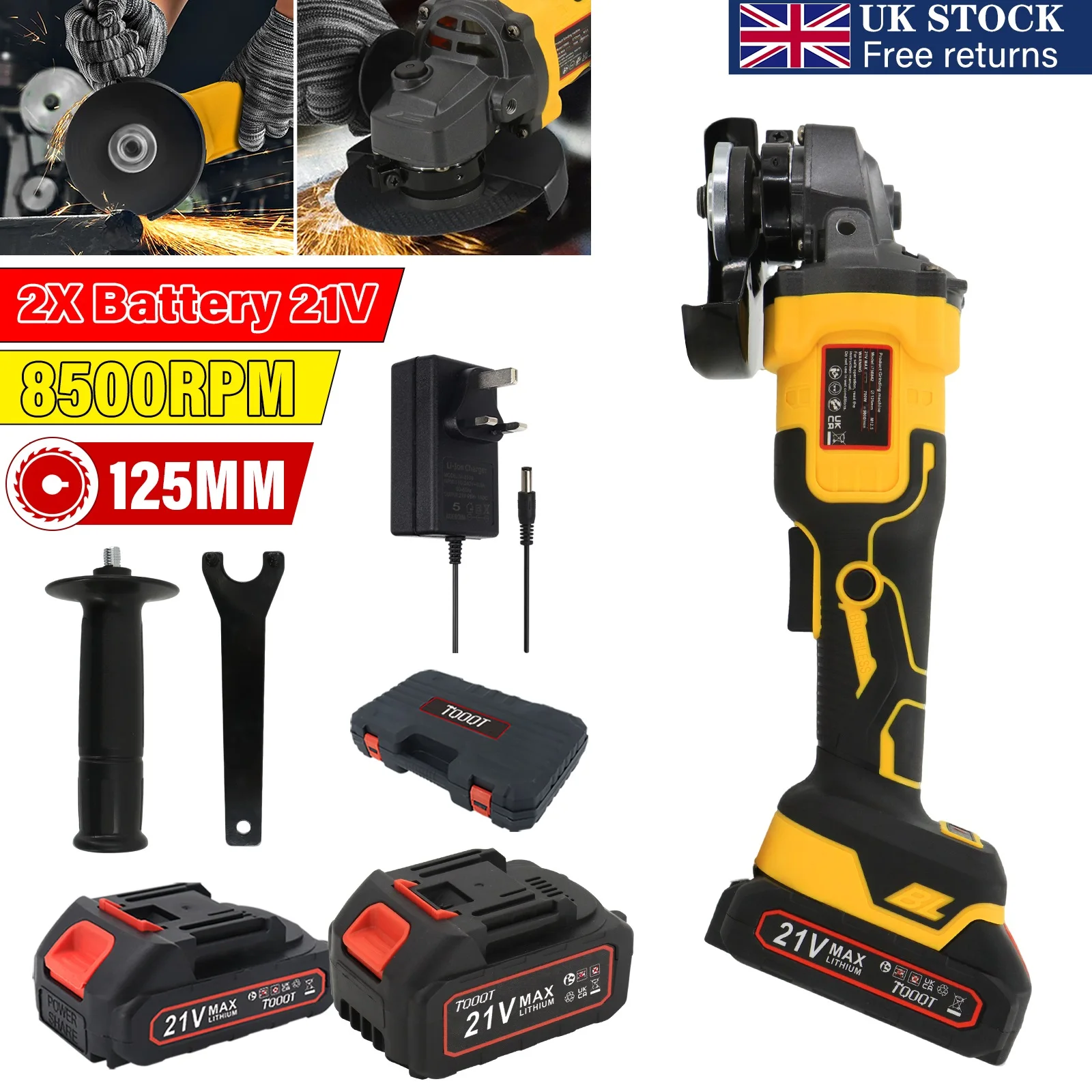 125mm Cordless Angle Grinder 21V Brushless Angle Grinder Tool, Adjustable Auxiliary Handle with 2*1.5Ah Battery and Charger