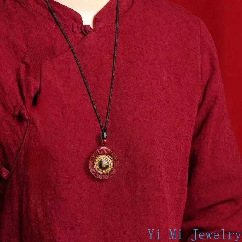 Natural Mineral Vermilion Sand Nine Eight Trigrams Pendant Necklace Jewelry Chinese Healing Women Men Lucky Gift Sweater Chain