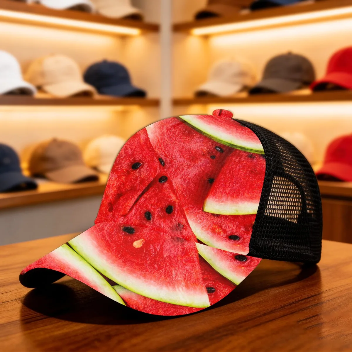 1pc Watermelon Print Duckbill Cap - Lightweight Mesh Hat with Fitted Closure, All-Over Fruit Design Suitable for summer Party