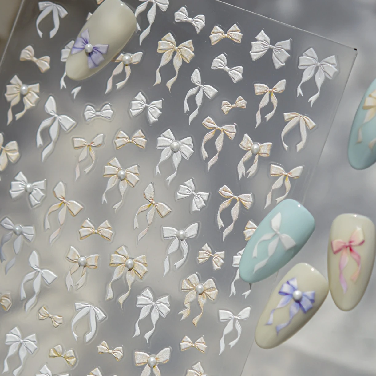 귀여운 진주 실크 리본 리본매듭 레이스 핑크 퍼플 화이트 옐로우 나비넥타이 엠보싱 5D 셀프 접착 네일아트 스티커 매니큐어 데칼