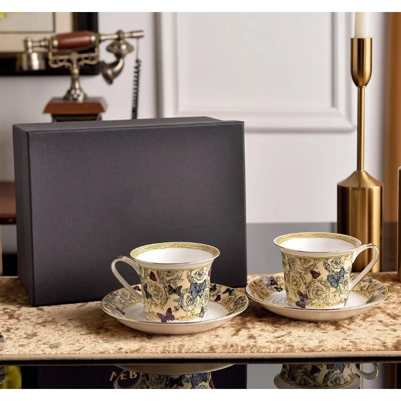

10 шт., чашки из костяного фарфора с узором бабочки, европейские чашки премиум-класса, 250 мл, чашки для кофе и послеобеденного чая с блюдцами, подарок на новоселье