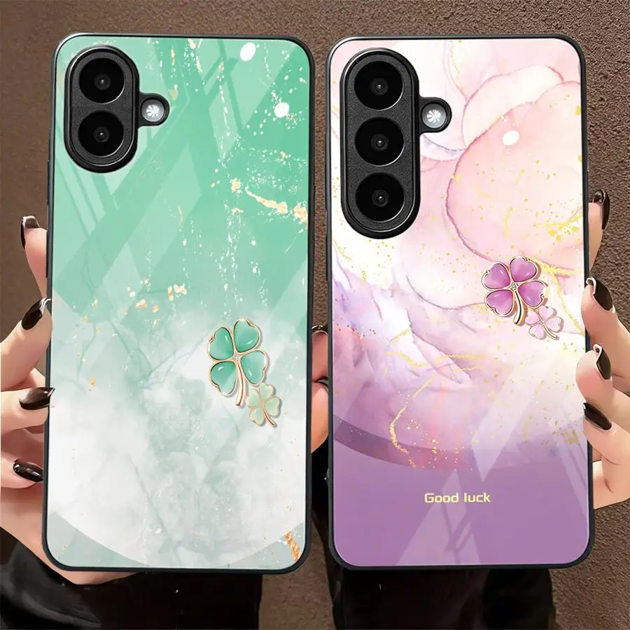 Lucky Grass Marble Glass Phone Cover Case for Samsung Galaxy A52 A22 A27 A15 A56 A34 A05 A03 A72 A55 A37 A16 A15 A32 A07 A22 A57