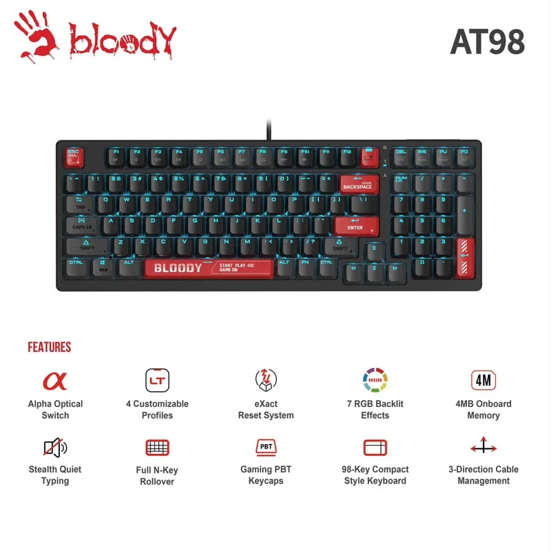 

Bloody AT98 Wired Gaming Keyboard Alpha Optical Switch 4 Custom Profiles 4MB Onboard Memory 98 Keys Anti-Ghosting USB