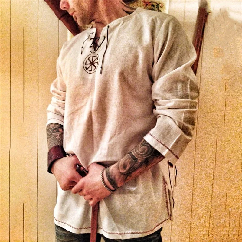 Halloween Knight Cosplay Renaissance Robe Viking Men Long Sleeve Tops Costume Medieval Clothing Pirate Disguis jk;6