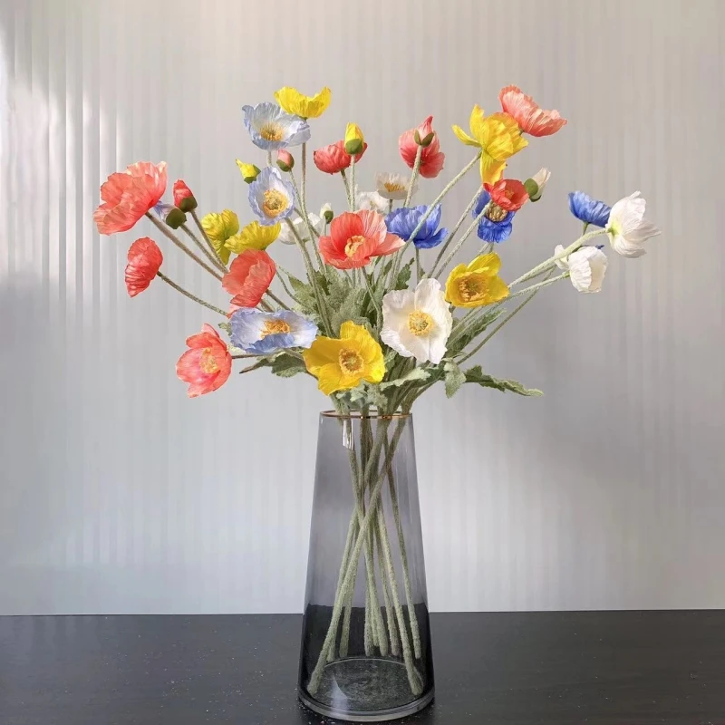 

1 Piece Artificial Silk Fabric Corn Poppy Flower Bouquet Home Official Resturant Desktop Ornament Flower Wedding Party Decor