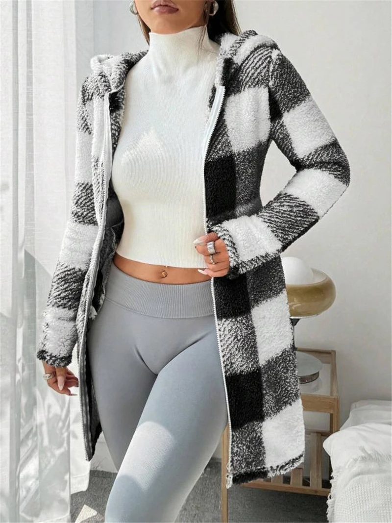 Women Plaid Hooded Coat Cardigan Soft Loose Plush Warm Overcoat Jacket Female Striped Print Outerwear Winter Patchwork Coat