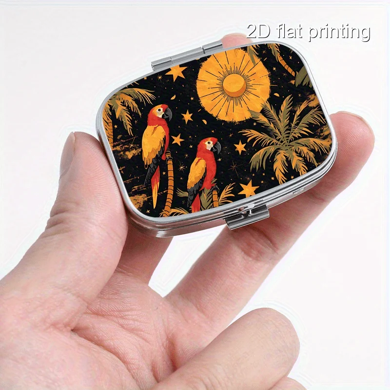 Square Small Box with Random Parrot Prints, 2-Compartment Metal Box, Portable Small Box with Compartments, Portable Small Box for Wallets or Money, Decorative Metal Small Vitamin Storage Box, Suitable for Travel, Camping, Unique Gift