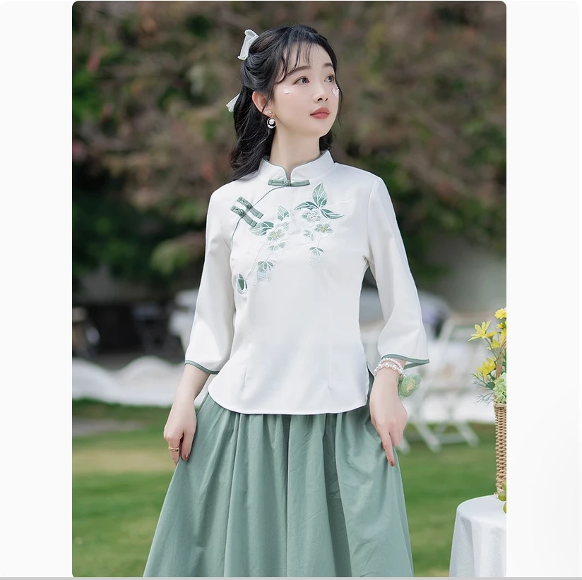 Fivela bordada melhorada cheongsam top, novo estilo chinês estudante hanfu algodão e linho conjunto saia feminina