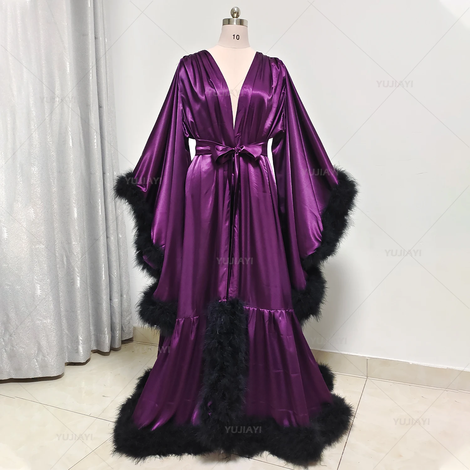 Roupão de pele maternidade inchado feminino com penas, vestido de luxo nupcial, boudoir casamento, vestido de quimono, camisolas