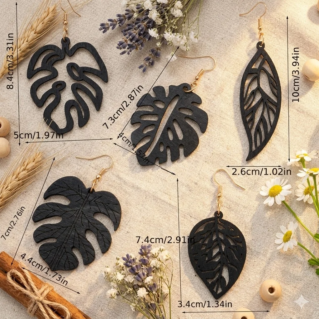 5 Pairs of Women's Fashionable Wooden Earrings, Bohemian Pastoral Style, Black Hollow Leaf Shape, Wooden, Suitable for Vacation and Daily Wear, Holiday Gift