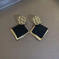 Hollow Metal Lattice Drop Earrings Golden Black Double Layer Rhombus Dangle Earrings Wedding Party Vintage Geometry Jewelry Gift
