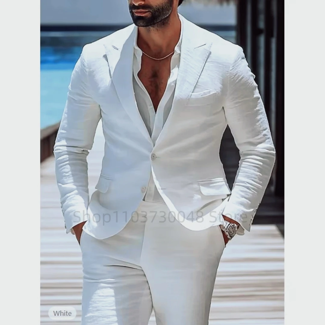 

2 Piece White Men's Linen Suits Summer Beach Wedding Suit Casual Slim Fit Two Buttons Blazer Suits For Party Prom(Blazer+Pants)