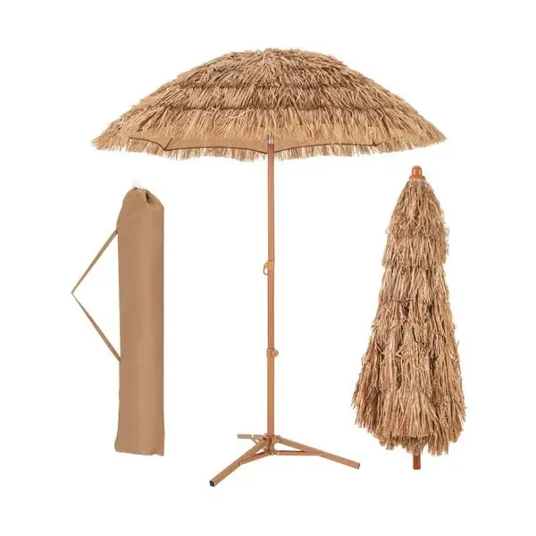 

6.5 Feet Thatched Tiki Umbrella with Foldable Stand Push Button Tilt