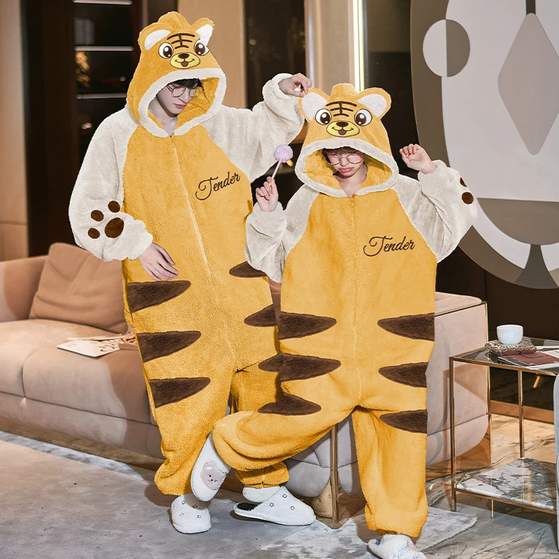 Kigurumis Tiger Winter Warm Sleepwear Women Men Pajama Onesie Thicken Couples Jumpsuits Onesie Kawaii  Cartoon Hoodies Unisex