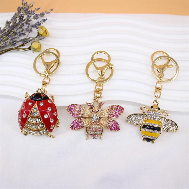 Creative Rhinestone Bee Keychain And Cute Red Ladybug Insect Pendant Keyring For Women Handbag Charm Jewelry