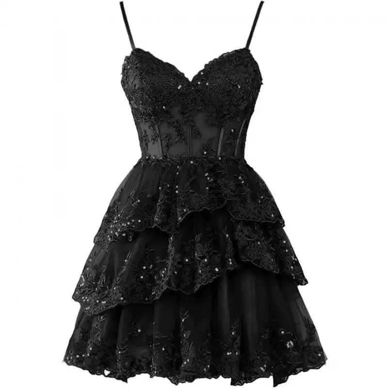Thin Shoulder Strap Dress Sheer Layered Short Shiny Lace Lace Lace Three-dimensional Decal Party Cute Dress Customized