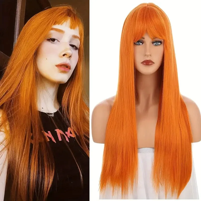 Orange Synthetic Wig, Long Straight Hair, Halloween Party Cosplay Wig, Daily Wig, High-Temperature Silk Wig Cap