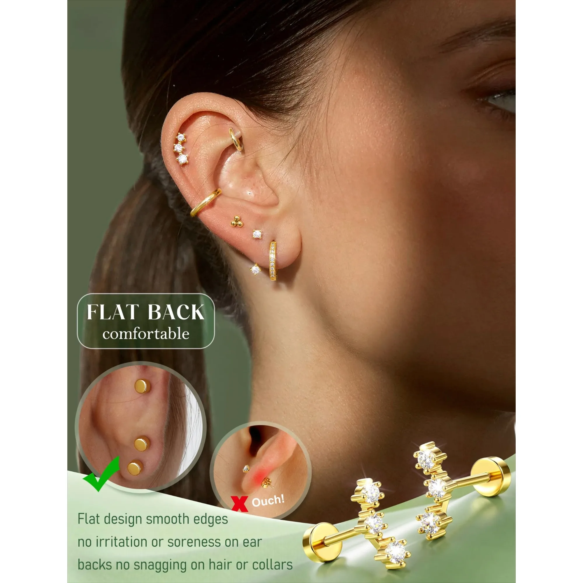 18 Pairs Hypoallergenic Flat Back Earrings Cartilage Earring Stacks 14K Gold Plated Surgical Steel, Dainty Small Hoops Earrings Set for Sensitive Ears Women's Jewelry Gift - view 3