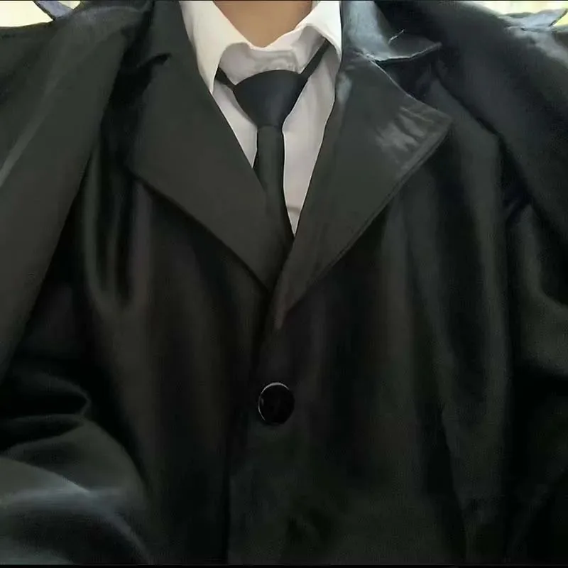 مجموعة كاملة من أزياء دازاي أوسامو التأثيرية زي المباحث أنيمي للرجال معطف خندق أسود لملابس الهالوين اليومية