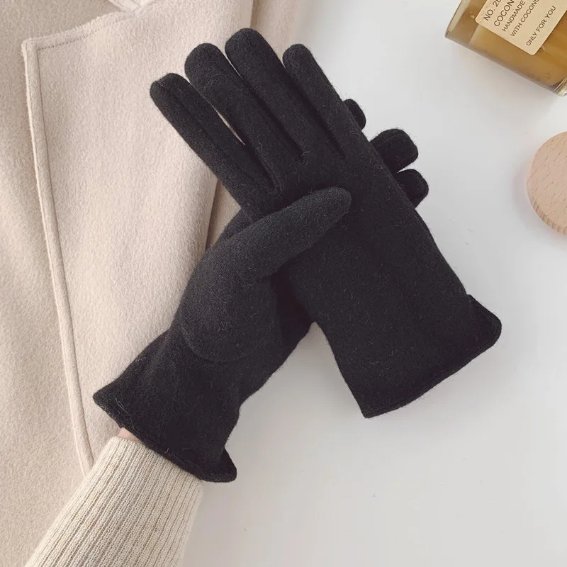 

Winter Women Wool Cashmere Knit Plus Plush Velvet Thicker Driving Warm Glove Female Embroidery Touch Screen Cycling Mitten I43