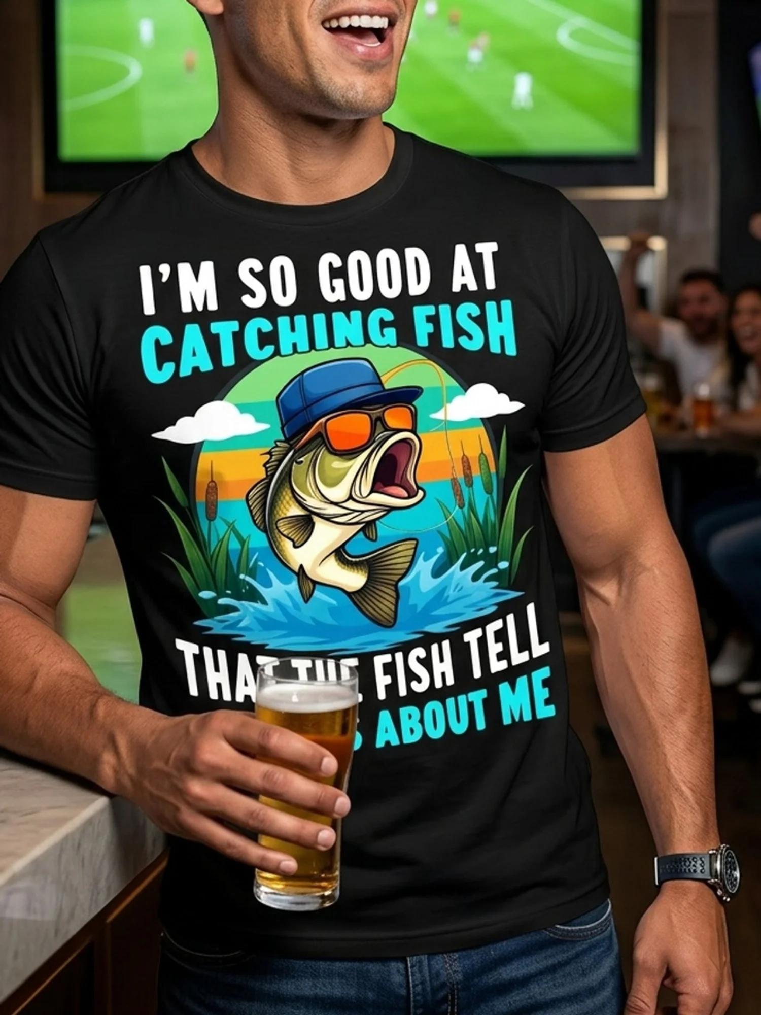 Men'S Humorous Fishing Pattern T-Shirt: 