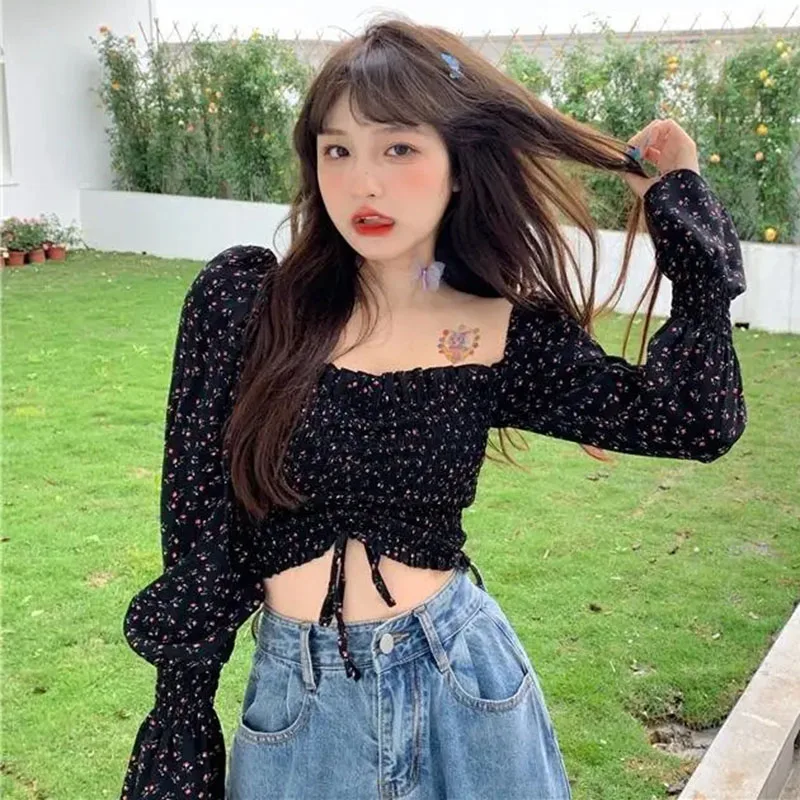 Xpqbb Vintage Floral Printing Chiffon Blouse Female Drawstring Square Collar Cropped Shirts Woman Long Sleeve Slim Fit Crop Tops