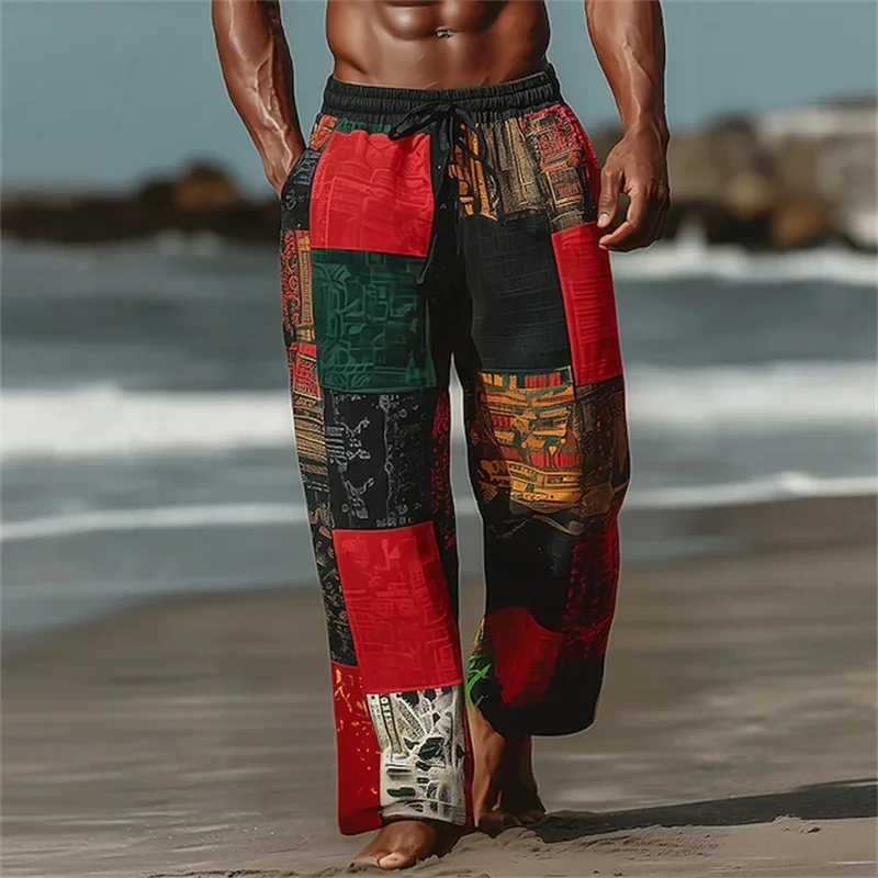 Herrenhose in Rotbraun mit Tribal- und Geometrischem Patchwork, Locker Geschnitten, Weites Bein, Lässige Sommerhose für Strand und Alltag mit Kordelzug und Seitentaschen – Detail 3