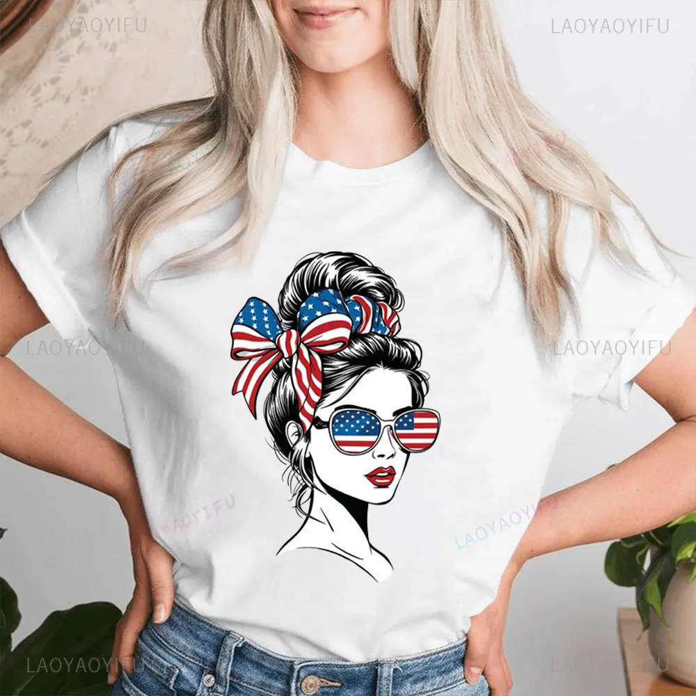 Funny American Flag Bun Head T-shirt AMERICAN MAMA Graphic Tshirts Women Cotton O-neck Casual Tee Tops Unique Patriot Gift