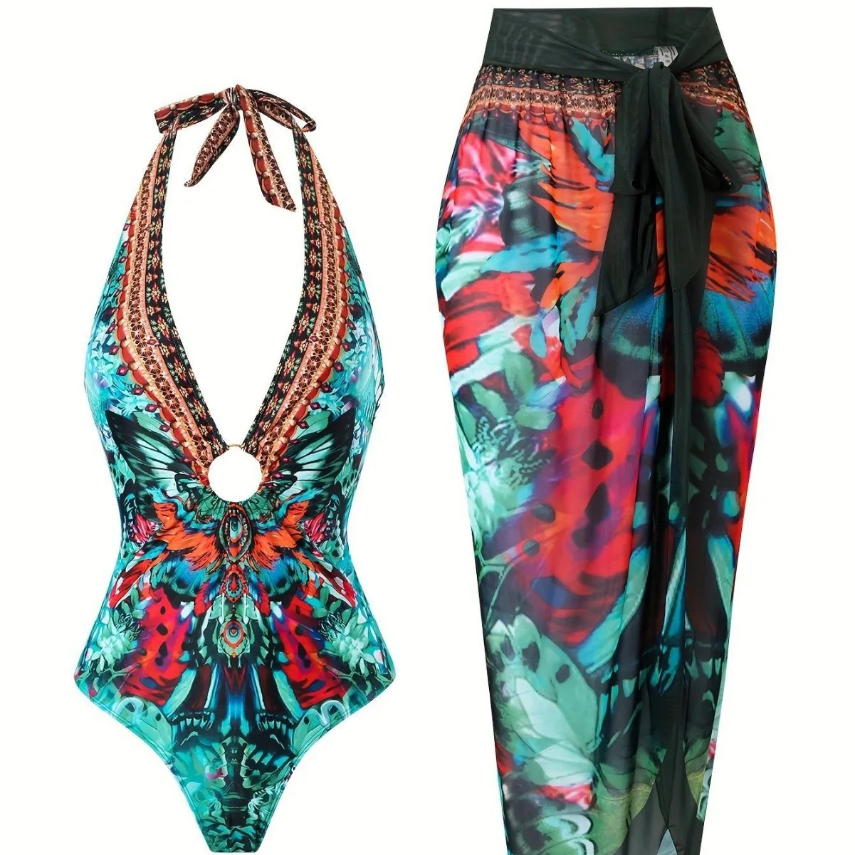 Bathing Suit Women Popular Swimsuit, Sexy One-piece Printed Swimsuit Women's European And American Two-piece Lace-up Skirt Set