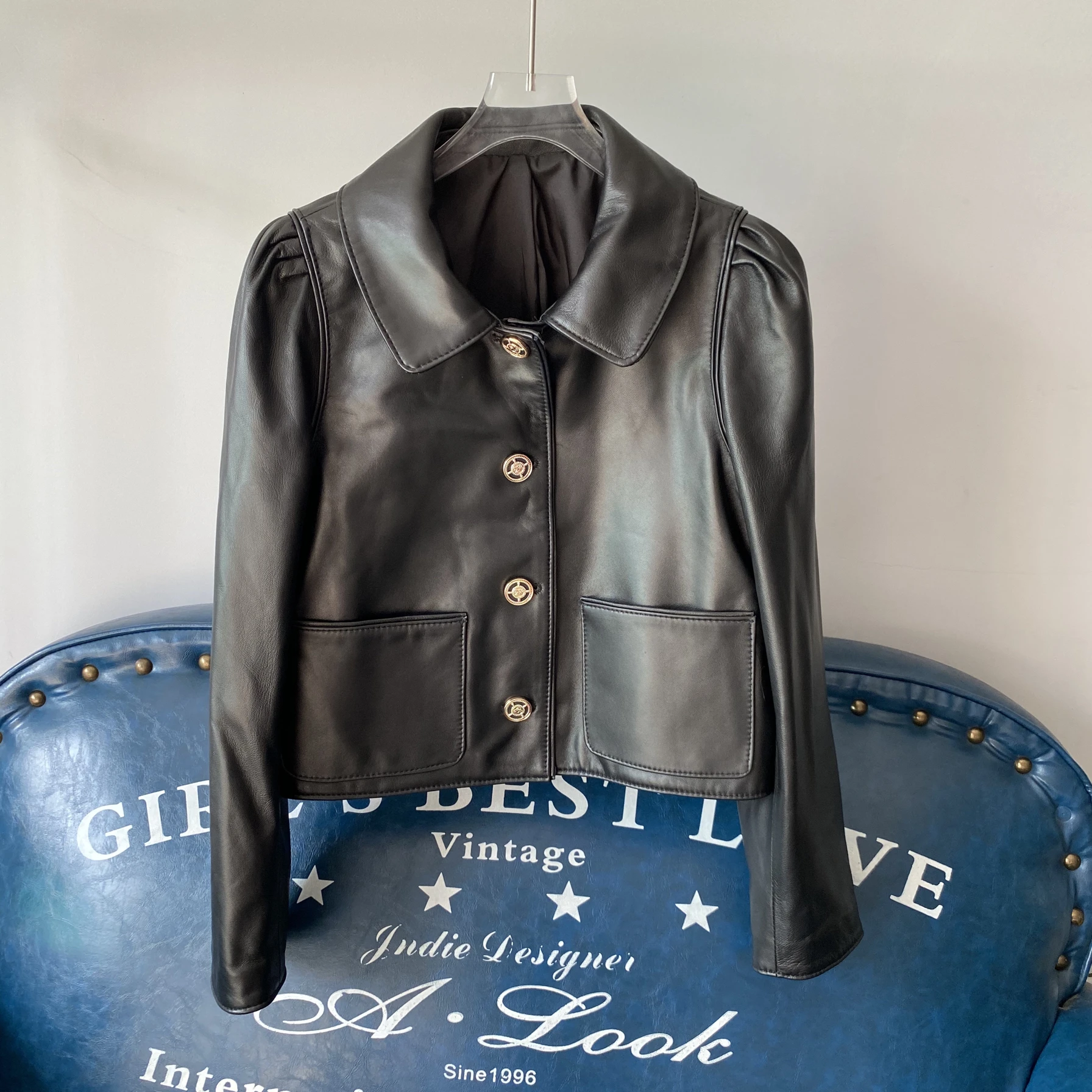 معطف Bla eepskin Jaet ذو ياقة دمية من الجلد الطبيعي للنساء لربيع وخريف معطف أنيق للتنقل بطول ort