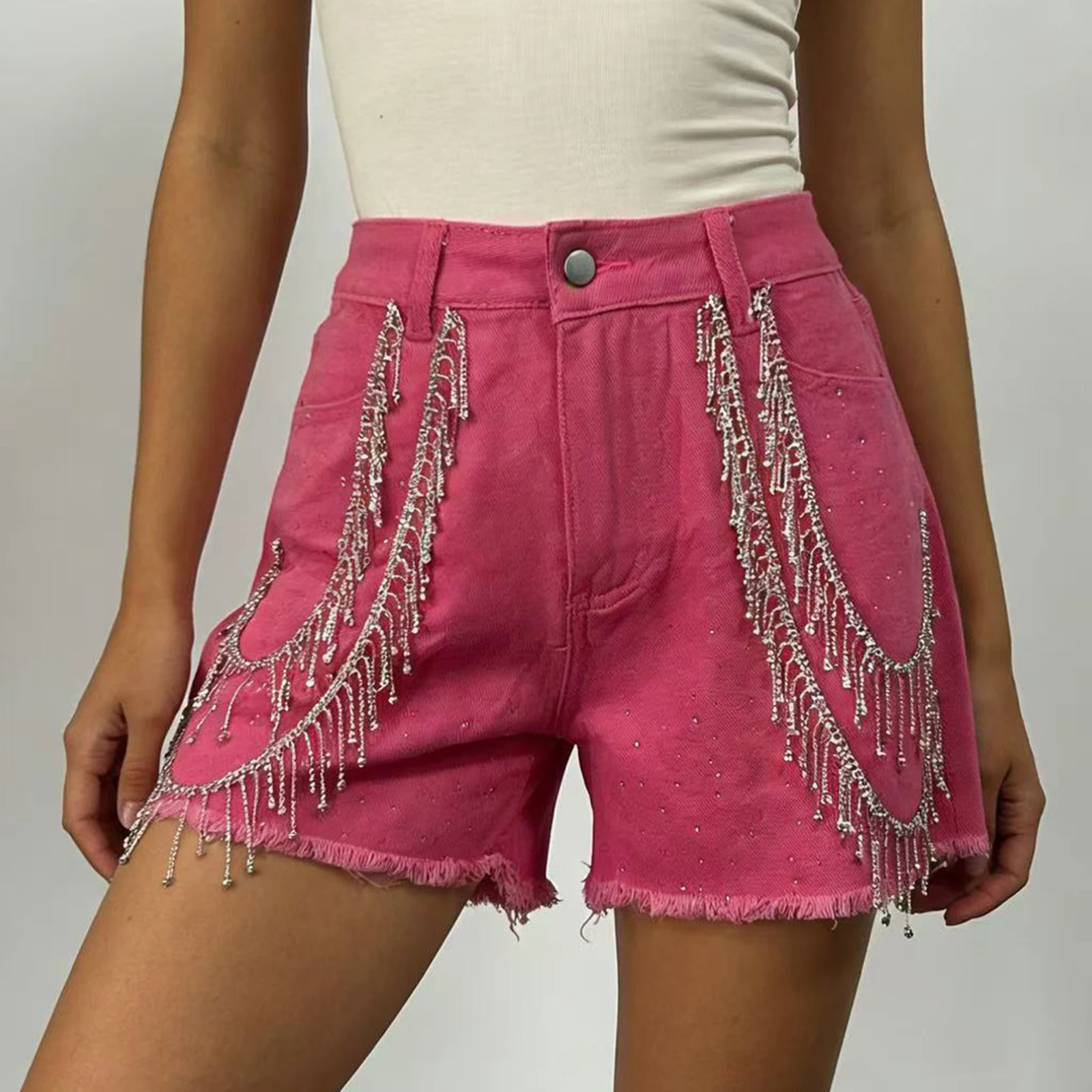 

Ladies' Solid Color Jeans with Chain Straight Leg Denim Shorts (non elastic) High Waist Sequins Denim Shorts Fashion Streetwear