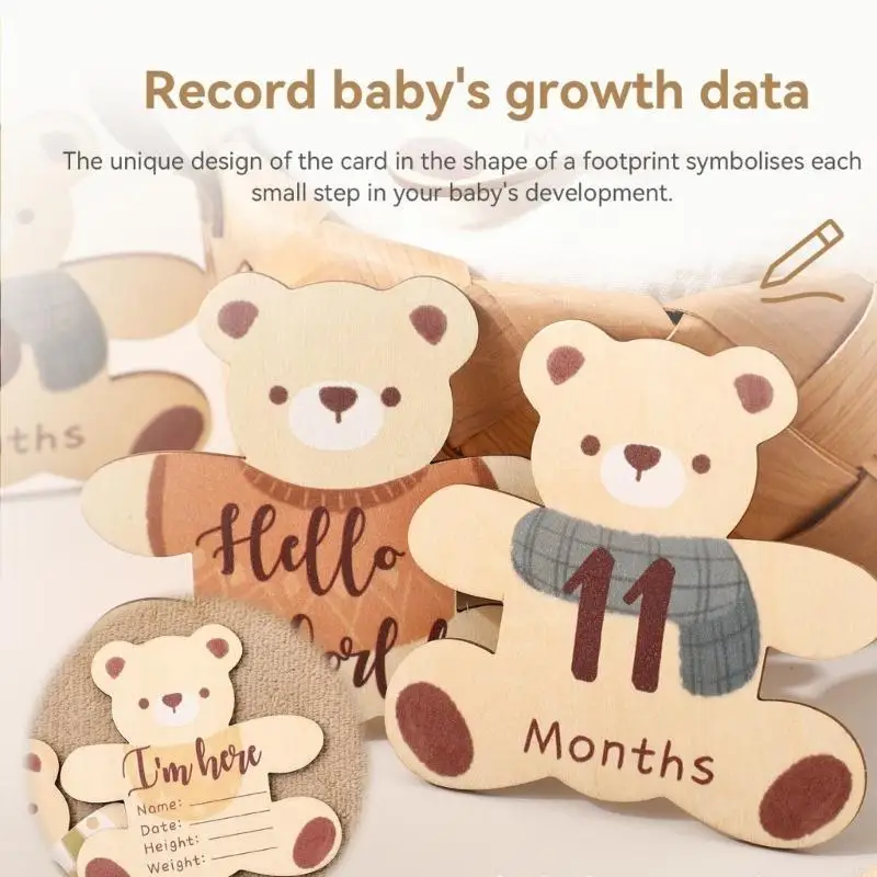 A5YC اليدوية الدب الخشبي علامات مميزة على الوجهين الطفل صور الدعائم لتوثيق رحلة نمو طفلك #5