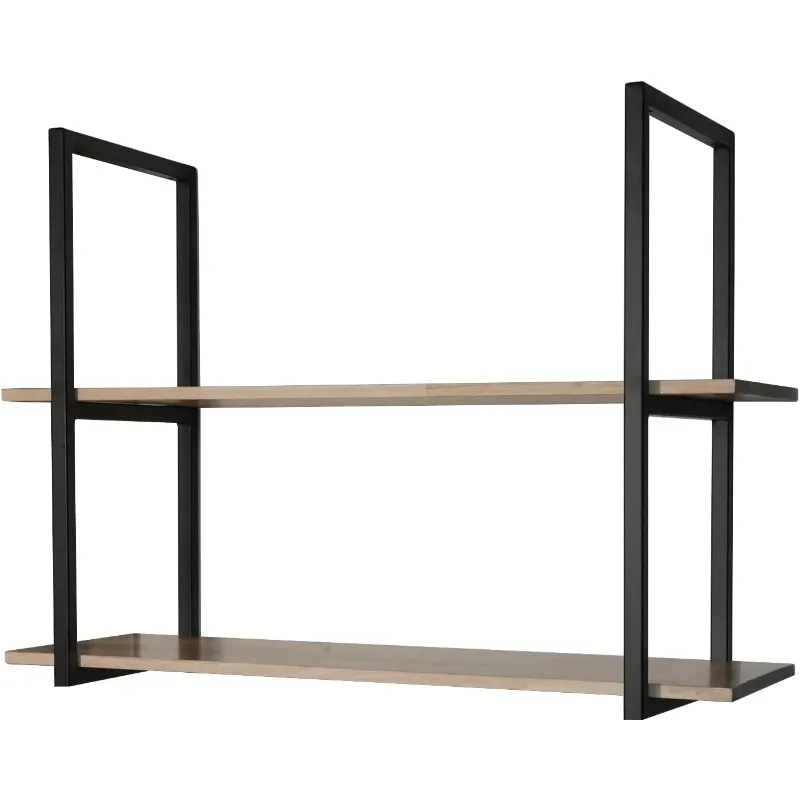 Industrial Ceiling Mount Floating Shelf, 2 Tier Rubberwood Shelves with Carbon Steel Frame, 24.4H x 33.5W x 11.5D Inches