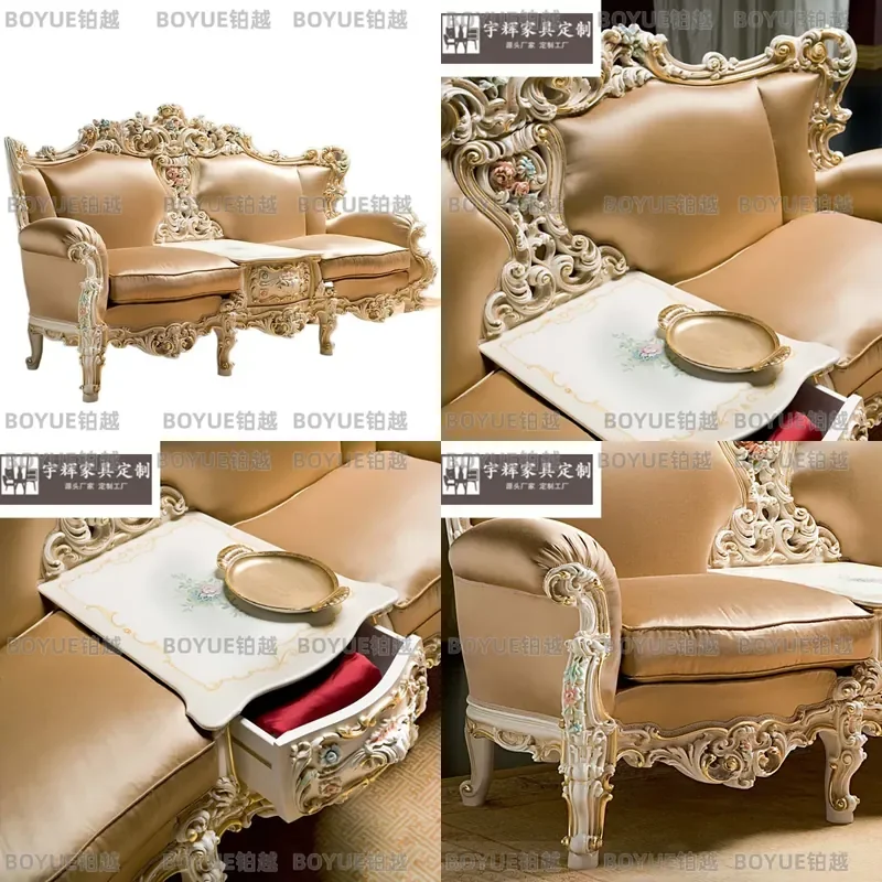 French Style Solid Wood Carved Floral Sofa European Silk Fabric Living Room Furniture Hand Painted Elegant Couch for Home