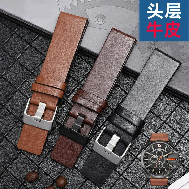 Plain Leather Watch Band for Diesel Dz4318 4338 7257 4423 4498 Waterproof Sweat-Proof Large Dual Cow Leather Watch Strap 26mm