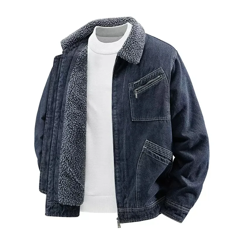 

Winter New Fashionable Trendy American Retro Plus Velvet Thick Warm Cowboy Jacket for Men's Casual Loose Sports Oversized Coat