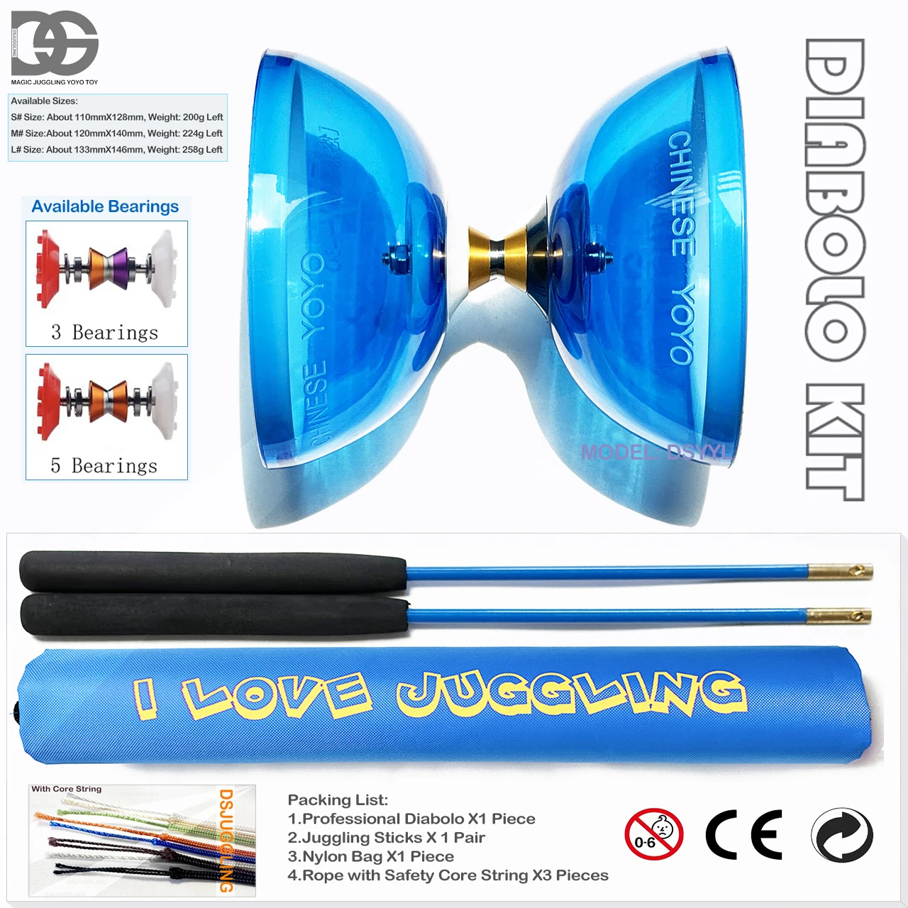 Un Juego de Diábolo profesional de Triple o cinco rodamientos, juguete Yoyo chino, juguete de Fitness con rodamiento para personas mayores