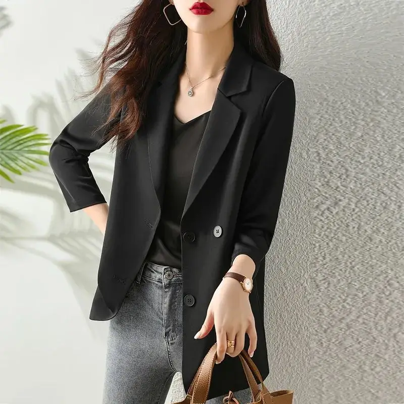 Women's Chic Simple Notched Neck Blazer Nine Quarter Sleeve Jackets Fashion Coats Ladies Korean Office Clothing Spring Summer