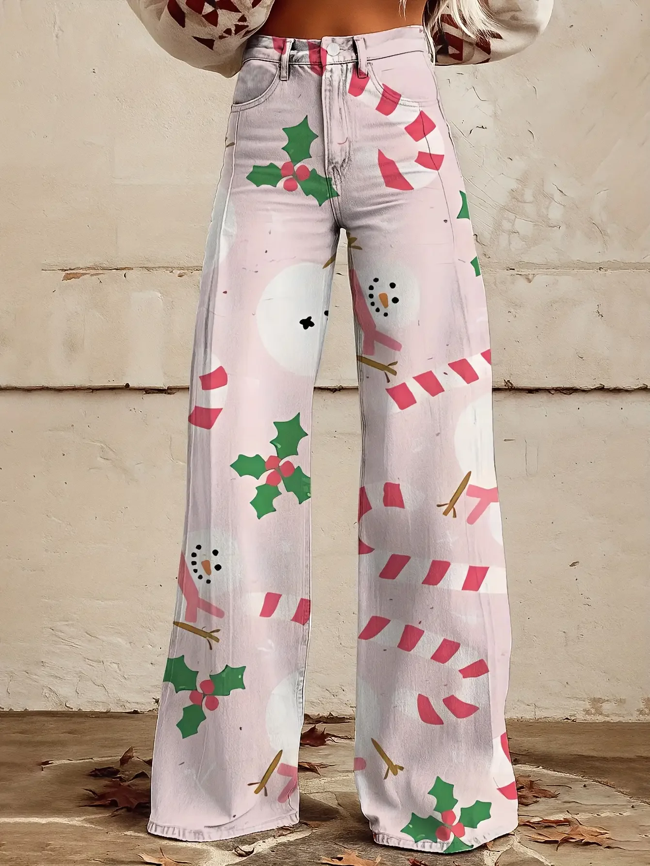 2026Ladies' imitation denim pants with Christmas snowflake pattern autumn and blue background Santa Claus snowflake pattern