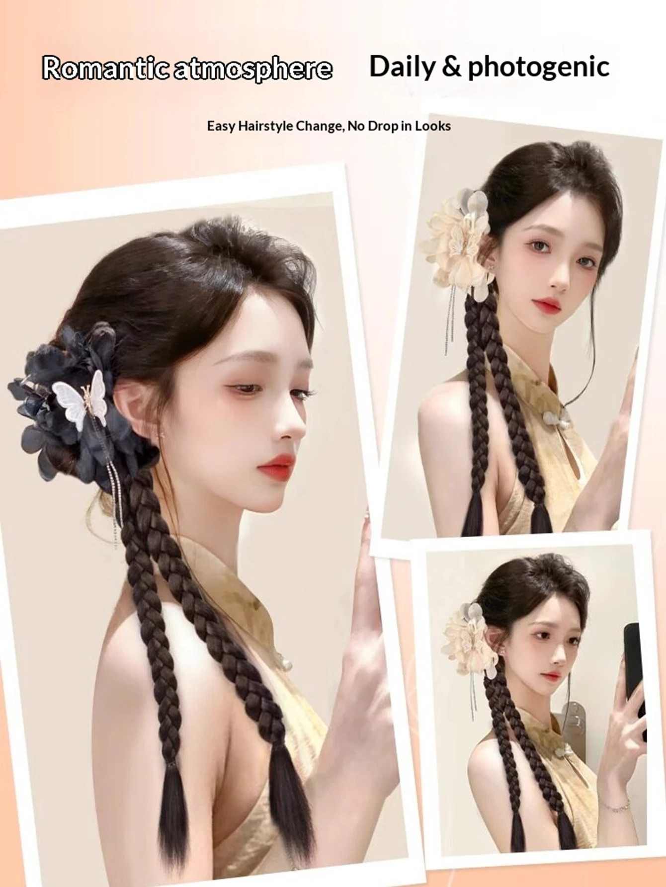 1pc Off White Synthetic Claw Clip Braided Ponytail Flower Bow Hairpiece Fake Hair for Women Girls Daily Party Cosplay view 5