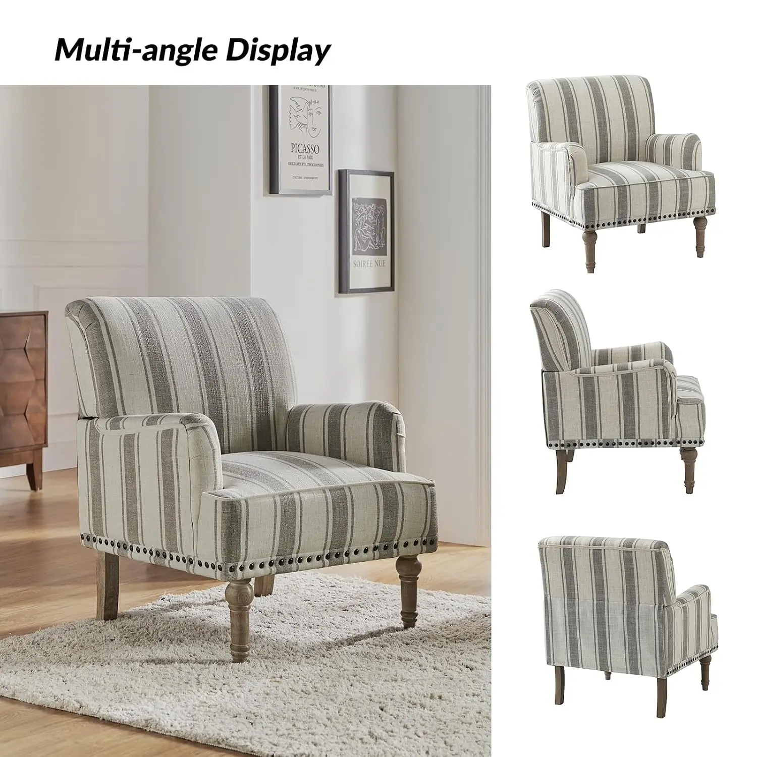 Modern Armchair Set of 2 Wooden Legs Nailhead Trim, Upholstered Accent Chair Living Room Bedroom Office, Stripe, Customized