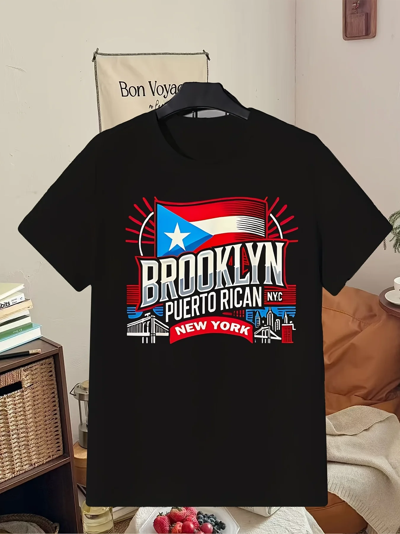 Men's Graphic T-Shirt Featuring Puerto Rico, Brooklyn, and New York Designs, Perfect for Casual Wear and Outdoor Activities. This Short-Sleeved Shirt Is Made from Soft Fabric and Is Machine Washable.