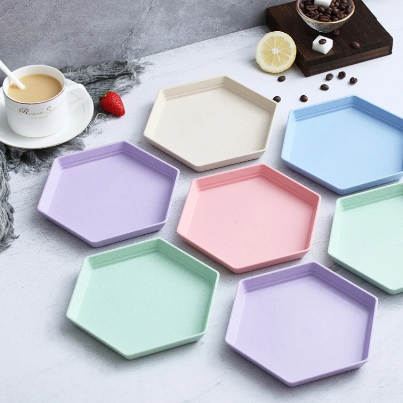 Tableware Dishes Multifunctional Fruit Plate Thicken Wheat Straw Hexagon Tray Dessert Plates