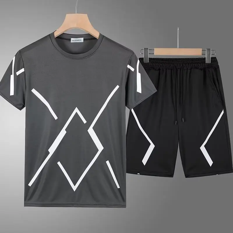 Men's Two Piece Set White & Black Geometric Print Short Sleeve T-Shirt Shorts Casual Daily Sports Matching Outfit