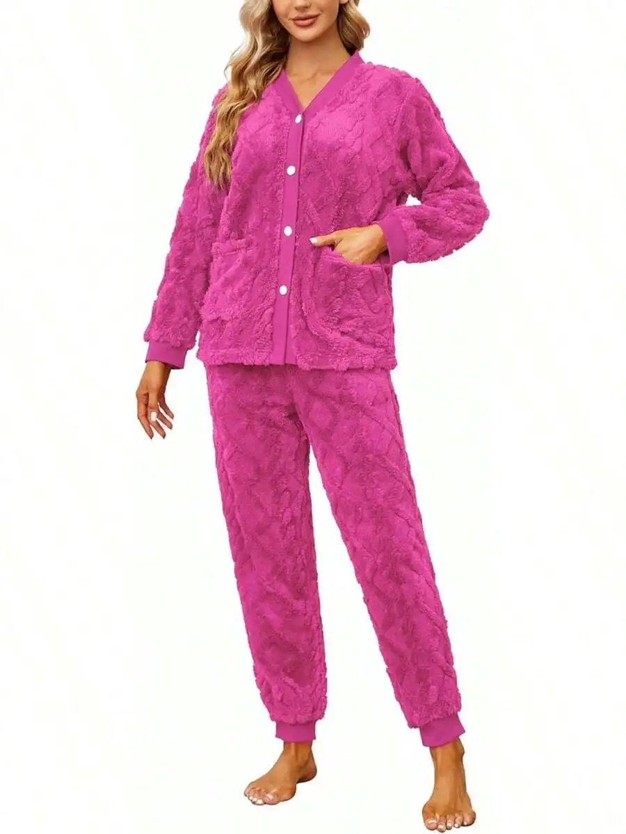 

Women Fuzzy Plush Pajama Set Warm Long Sleeve Sleepwear With Pockets