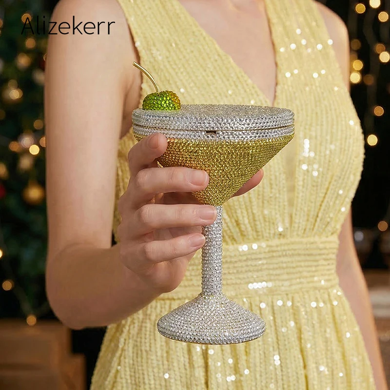 Alizekerr Cocktail Glass Shaped Diamond Evening Bags Women Boutique Rhinestone Metallic Clutch Purses And Handbags Wedding Party