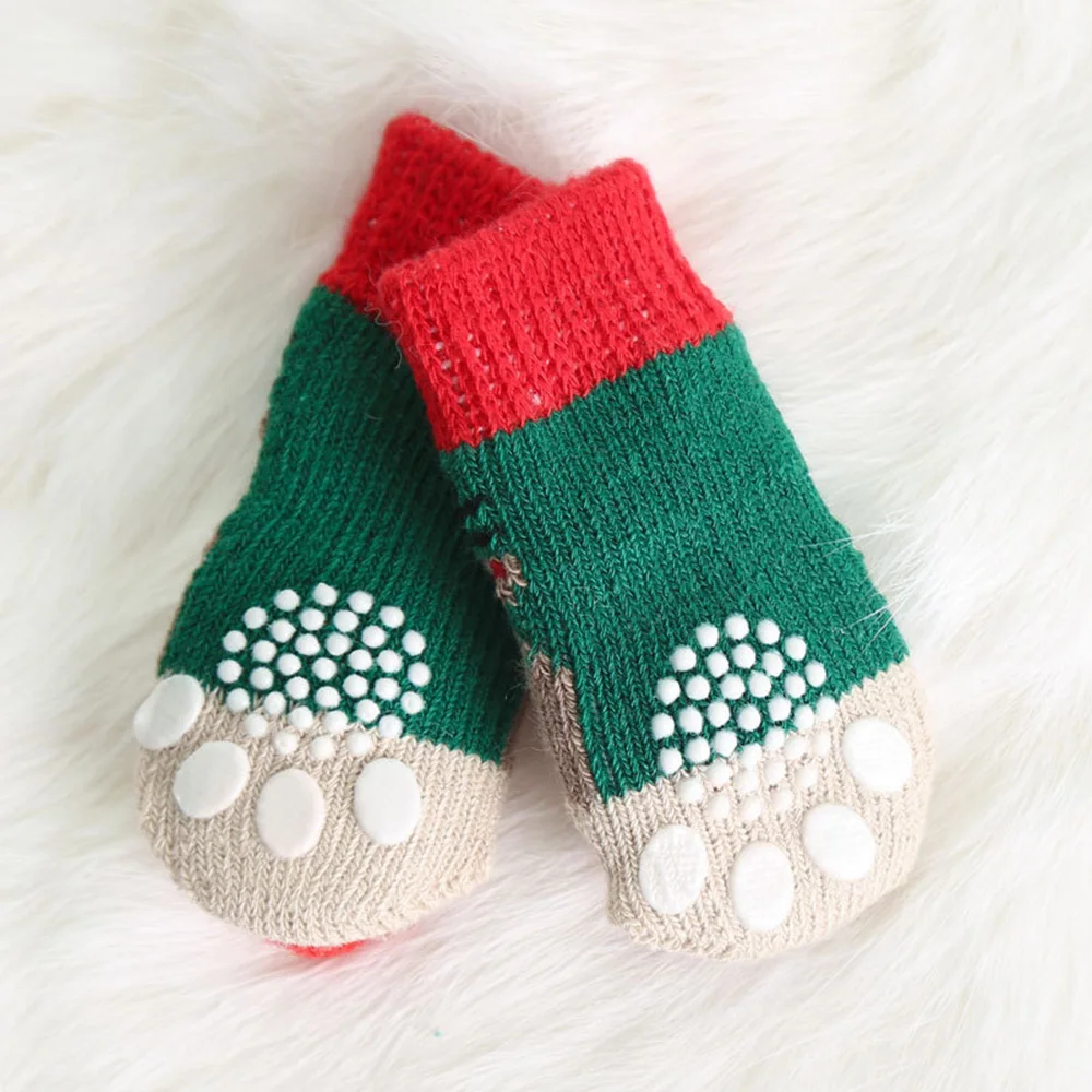 4Pcs Small Dog Cat Non-Slip Socks Pet Christmas Shoes Festival Themed Woven Paw Protector Knitting Pet Supplies For Floor Indoor