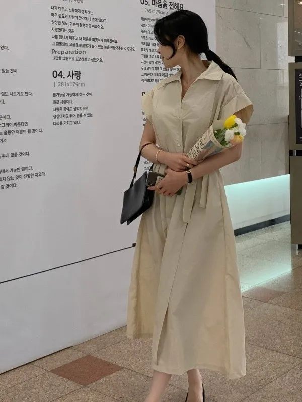 

Ele irt Dr 2025 New Sle ular Long Women's Waist-Cinching Belted Tie-Collared Skirt Commute Pure Color Summer ...